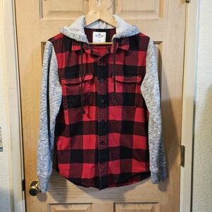 Medium Holister Red and Black Plaid Men's  button up hoodie
